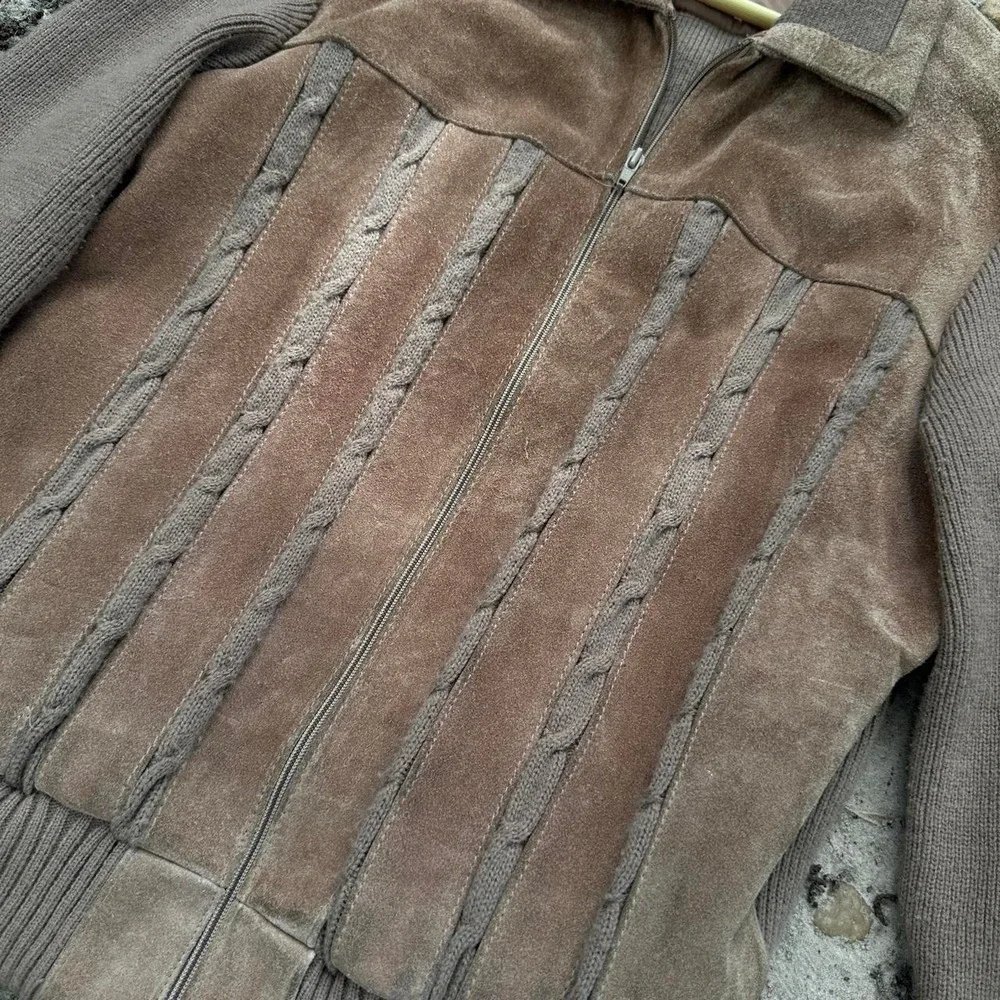 Vintage 90s Leonardo Fini Brown suede knit zip-up jacket Size XL